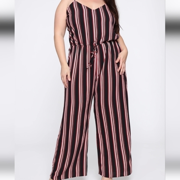 AMBIANCE STRIPED JUMPSUIT Sz: SMALL red black striped bubble crepe wide leg - Picture 1 of 12